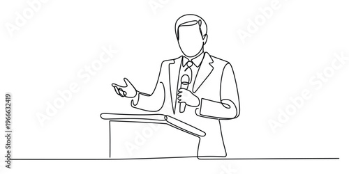 A man in a suit giving a professional speech while standing behind a lectern in continuous line