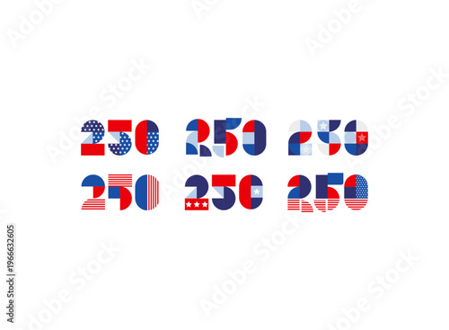 Set of United States of America 250th anniversary celebration numbers. Happy 4th of July USA Independence Day graphic elements.
