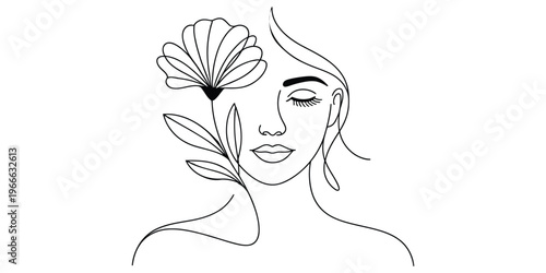 Minimalist continuous line art drawing of a woman face with a delicate flower blooming by her head