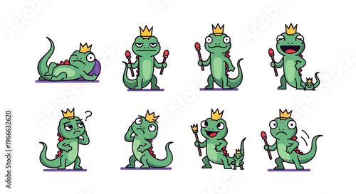 Cute green dinosaur king with crown sticker pack vector illustration