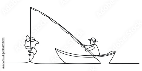 Continuous line drawing of a person sitting in a small boat while fishing with a long rod and hook