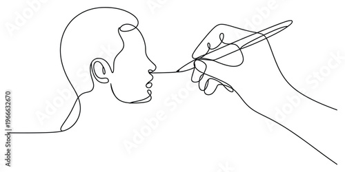 A single continuous line drawing of a person receiving a medical swab test for health checkup