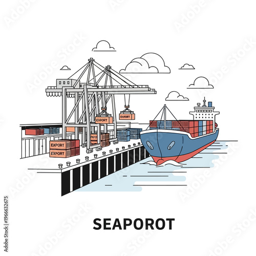 Illustration of a large cargo ship being loaded with containers at a busy seaport with cranes and stacked boxes.