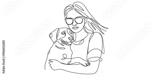 Minimalist continuous line art illustration of a young woman wearing glasses holding her pet dog