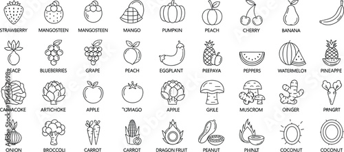 Organic fruit and vegetable icons set featuring strawberry banana apple pineapple pumpkin carrot broccoli and healthy food technical line art