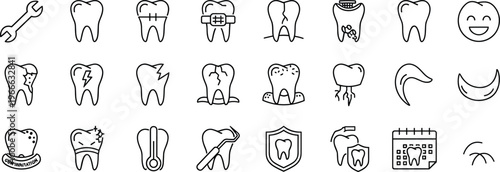 Dental care icons set featuring teeth braces oral hygiene tooth decay dentistry equipment calendar and medical healthcare technical line art