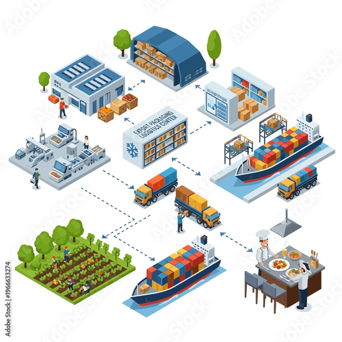 An isometric illustration depicting the entire supply chain from agricultural production to final consumption, including manufacturing, warehousing, and global shipping.