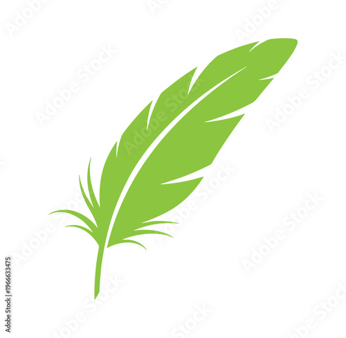 Green feather icon with smooth lines and natural shape on white background