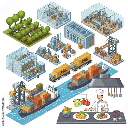 Isometric illustration depicting the entire food supply chain from farm to table, including agriculture, processing, packaging, logistics, and culinary preparation.