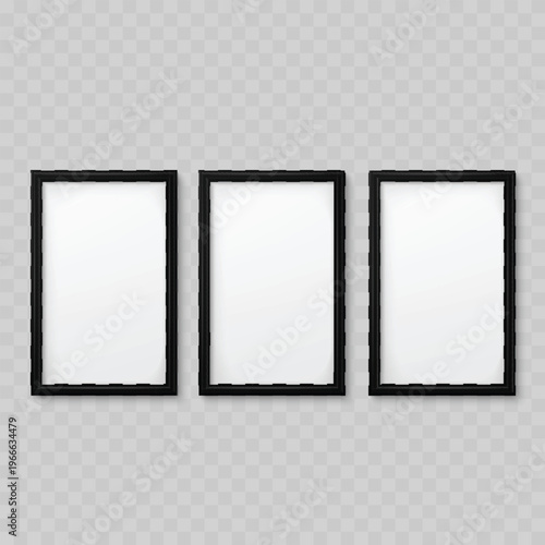 Realistic Black Picture Frame Mockup Set. Vector Three Blank Vertical Poster Templates for Wall Art Gallery