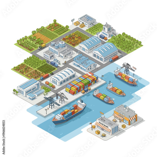 Isometric illustration of a modern logistics and supply chain network, showcasing agricultural production, industrial facilities, and a busy port with cargo ships and containers.