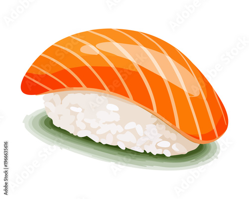 Fresh salmon nigiri sushi with orange fish slice on seasoned white rice for authentic japanese seafood restaurant menu - Vector Illustration