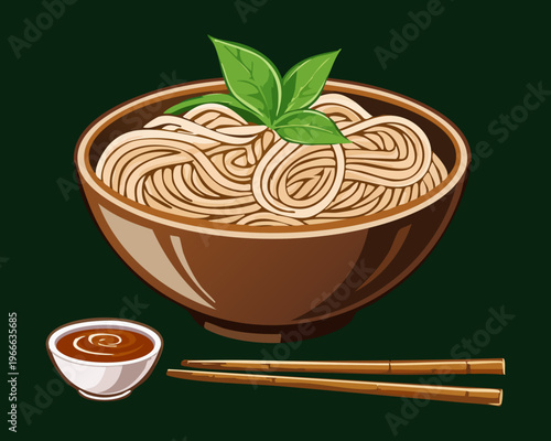 Traditional Japanese soba noodles in ceramic bowl with dipping sauce and bamboo chopsticks for healthy asian cuisine meal - Vector Illustration