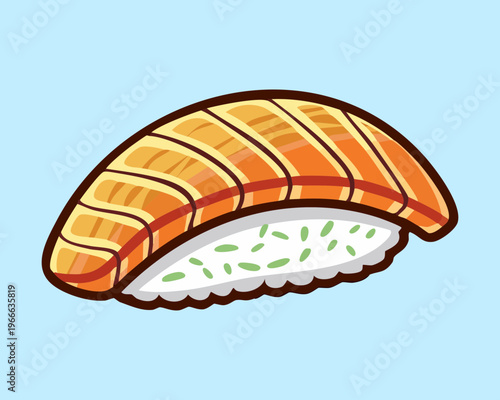 Authentic salmon sushi nigiri with orange fish slice on rice for japanese seafood restaurant menu and culinary advertising - Vector Illustration