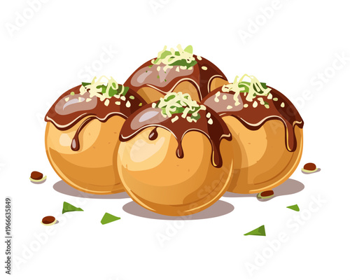 Golden brown takoyaki octopus balls with savory sauce and seaweed powder for authentic japanese street food snack illustration - Vector Illustration