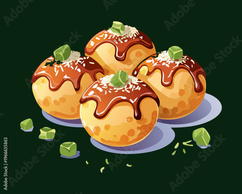 Crispy takoyaki octopus balls with drizzled sauce and herb garnish for traditional japanese street food snack menu design - Vector Illustration