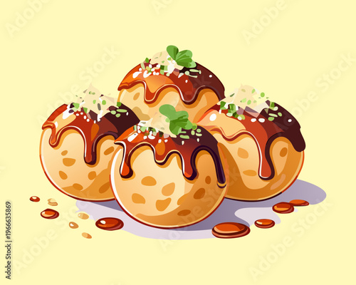 Gourmet takoyaki octopus balls with savory glaze and green onion for japanese street food snack and culinary branding - Vector Illustration