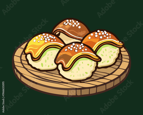 Traditional takoyaki octopus balls on a plate with savory glaze and herbs for japanese street food snack menu - Vector Illustration