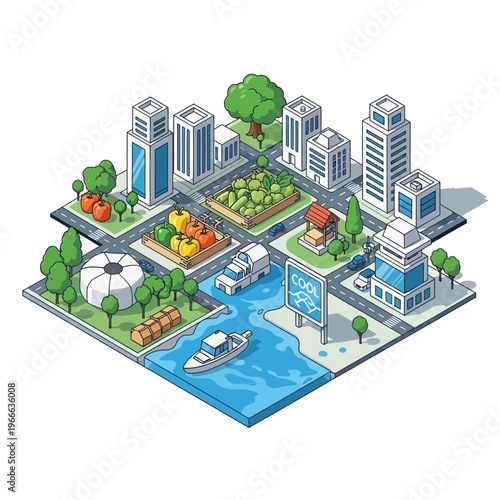 Isometric illustration of a sustainable, futuristic city with green spaces, modern buildings, and efficient transportation systems.