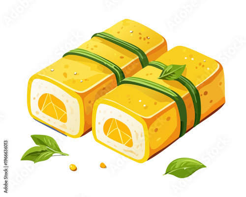 Delicious tamagoyaki japanese rolled egg omelet with nori belt for breakfast and bento box side dish illustration - Vector Illustration