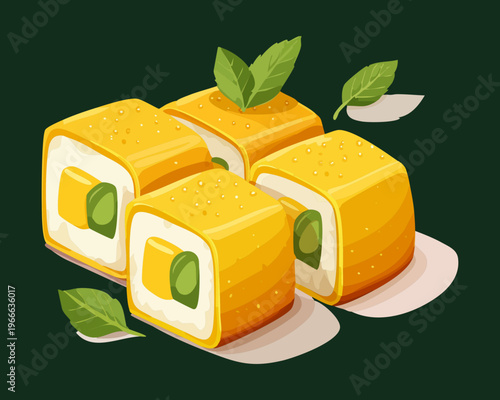 Authentic tamagoyaki japanese rolled omelet with herb topping for breakfast and bento box side dish menu design - Vector Illustration