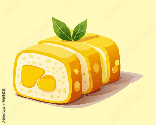 Sweet and savory tamagoyaki japanese rolled omelet with herb garnish for breakfast and bento box menu design - Vector Illustration