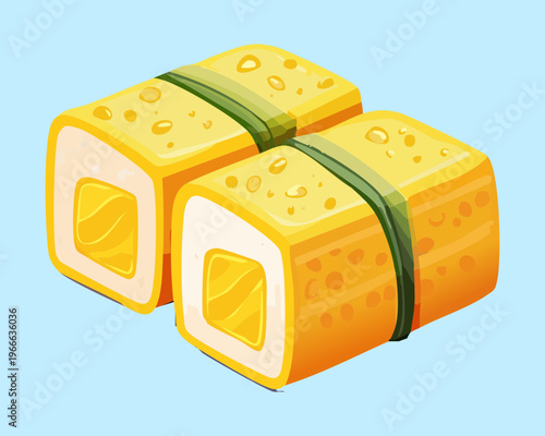 Traditional tamagoyaki japanese rolled omelet with seaweed belt for breakfast and bento box side dish menu illustration - Vector Illustration