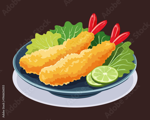 Crispy ebi furai deep fried shrimp with lettuce and tomato garnish for japanese seafood restaurant menu design - Vector Illustration