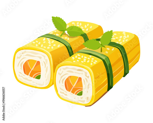 Traditional tamagoyaki japanese rolled egg omelet with herbs for breakfast and bento box side dish menu design - Vector Illustration