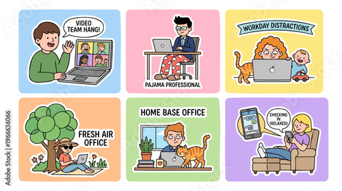 Remote work from home cartoon sticker set flat vector featuring video call meeting pajama professional workday distraction with baby and cat outdoor fresh air office and relaxed flexible lifestyle