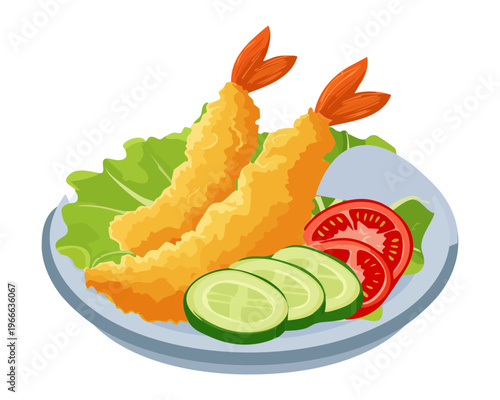 Delicious ebi furai deep fried breaded shrimp with vegetables for traditional japanese seafood restaurant menu and dining - Vector Illustration