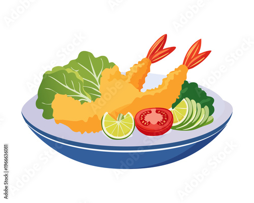 Golden brown ebi furai fried shrimp served on a plate with salad for authentic japanese seafood restaurant menu - Vector Illustration