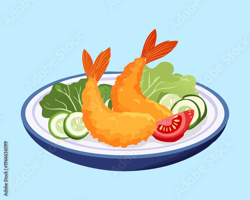 Tasty ebi furai deep fried shrimp with fresh lettuce and tomato for traditional japanese seafood menu branding - Vector Illustration