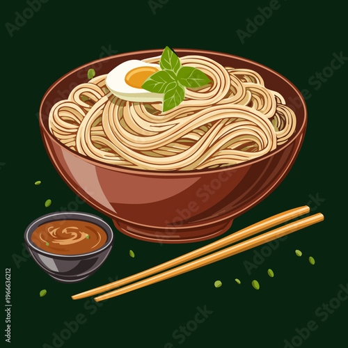 Traditional soba noodles in a bowl with dipping sauce and chopsticks for authentic japanese culinary menu design - Vector Illustration