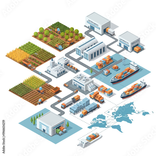 An isometric illustration depicting a comprehensive agricultural supply chain from farm to global distribution, showcasing fields, factories, warehouses, trucks, and cargo ships.