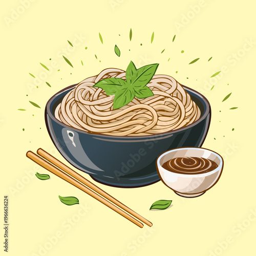 Healthy soba noodles in a ceramic bowl for traditional japanese cuisine and restaurant menu branding and design - Vector Illustration