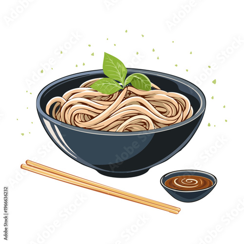 Savory soba noodles served with dipping sauce and chopsticks for authentic japanese culinary restaurant menu and branding - Vector Illustration