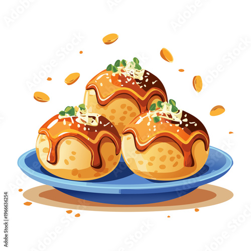 Tasty takoyaki octopus balls on a plate with savory sauce for authentic japanese street food snack branding - Vector Illustration