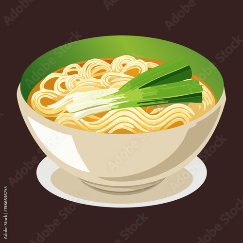 Hot udon noodle soup with green onion garnish for authentic japanese cuisine and restaurant menu branding design - Vector Illustration