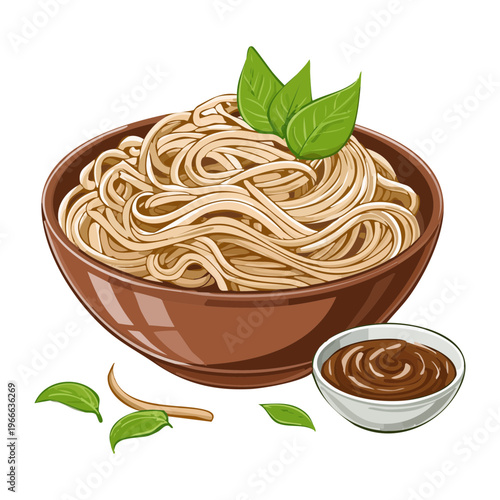 Healthy soba noodles served in a bowl with garnish for authentic japanese restaurant menu and culinary branding - Vector Illustration
