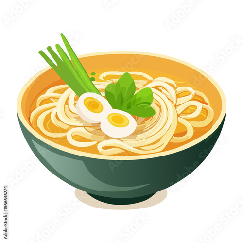 Tasty udon noodle soup with boiled egg and green onions for authentic japanese culinary experience and menu - Vector Illustration
