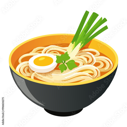 Authentic udon noodle soup with boiled egg and green onions for traditional japanese restaurant menu and design - Vector Illustration