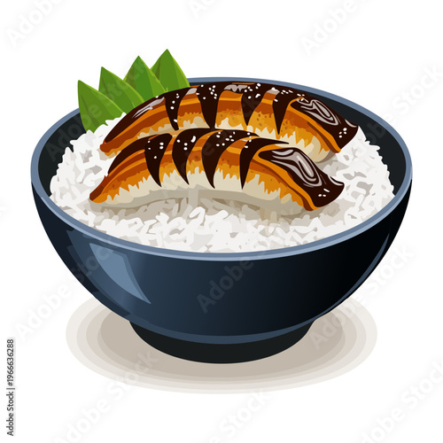 Traditional unagi donburi grilled eel with glaze on rice for authentic japanese seafood restaurant culinary menu design - Vector Illustration