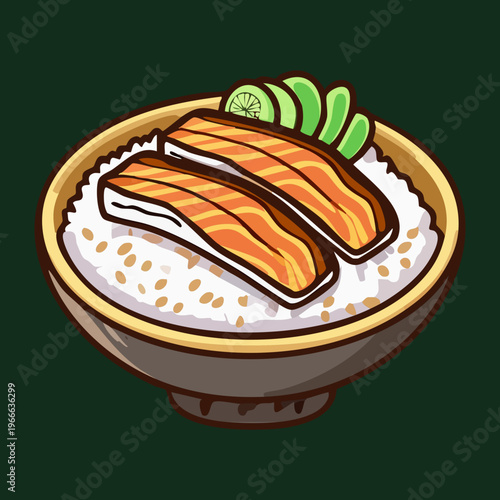 Unagi donburi grilled eel on rice bowl with garnish for authentic japanese seafood restaurant menu branding design - Vector Illustration