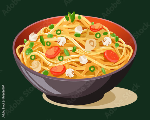 Bowl of noodles mixed with various vegetables and savory sauce for a classic Asian noodle stir fry dish - Vector Illustration