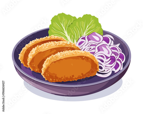 Platter of deep fried breaded cutlets with fresh greens and sliced onions for a shared appetizer or meal - Vector Illustration