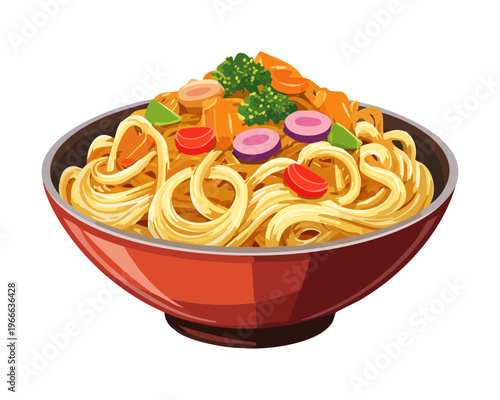 Delicious noodle soup with vegetables and meat served in a bowl for a warm and comforting meal choice - Vector Illustration