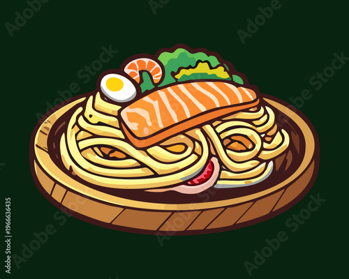 Stir fried noodles with succulent shrimp and vegetables served on a wooden plate for a premium seafood dish - Vector Illustration