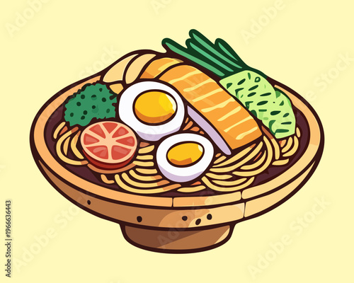 Japanese ramen bowl with soft boiled eggs and fresh greens for a traditional and flavorful dining experience - Vector Illustration