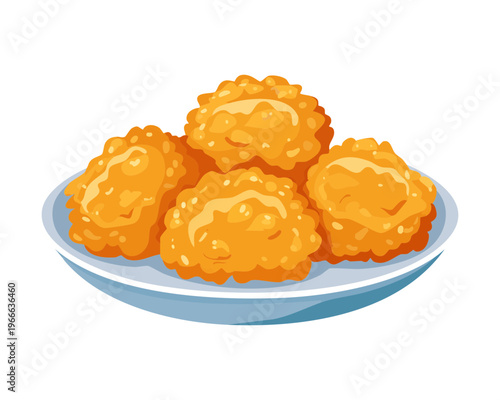 Plate of golden fried chicken nuggets or shrimp popcorn for a tasty and crunchy snack or appetizer - Vector Illustration
